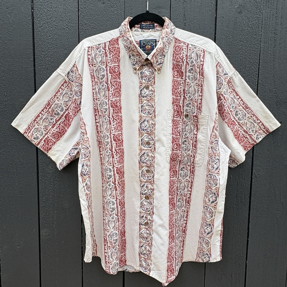 VTG Ralph Lauren Chaps Hawaiian Tiki Shirt XL Button Short Sl Cotton Striped 90s